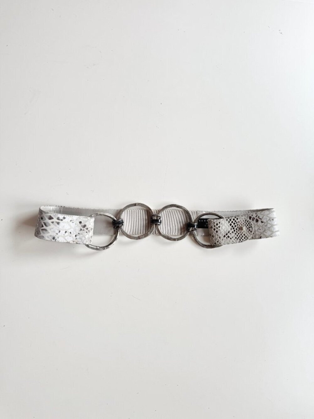 SUZI ROHER Silver Grey Snake Embossed Suede Elastic Chain Stretch Belt, Size L+